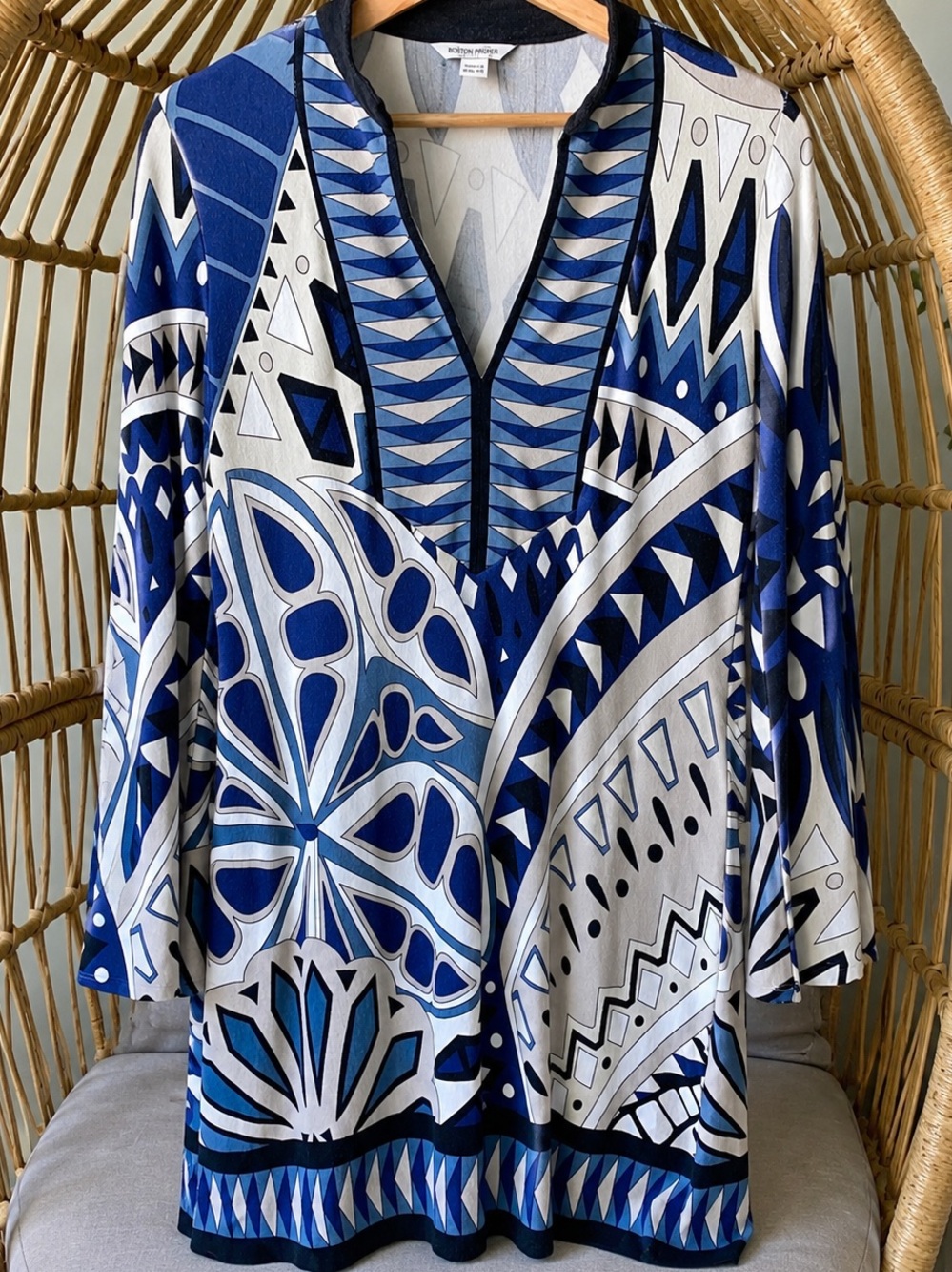 Boston Proper Blue Geometric Mini Dress Long Bell Sleeves | Women’s Medium